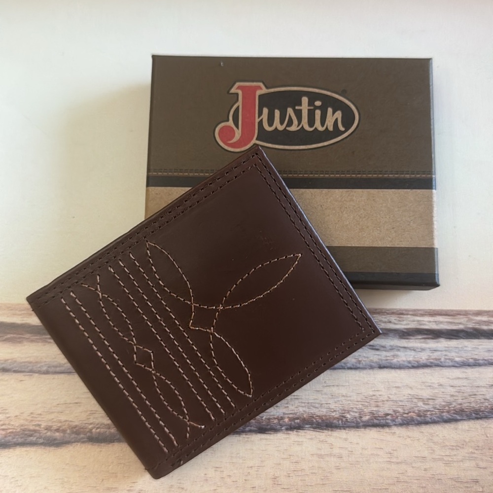 Justin Boots Genuine Leather Slim Bifold Brown Boot Stitch RFID Wallet